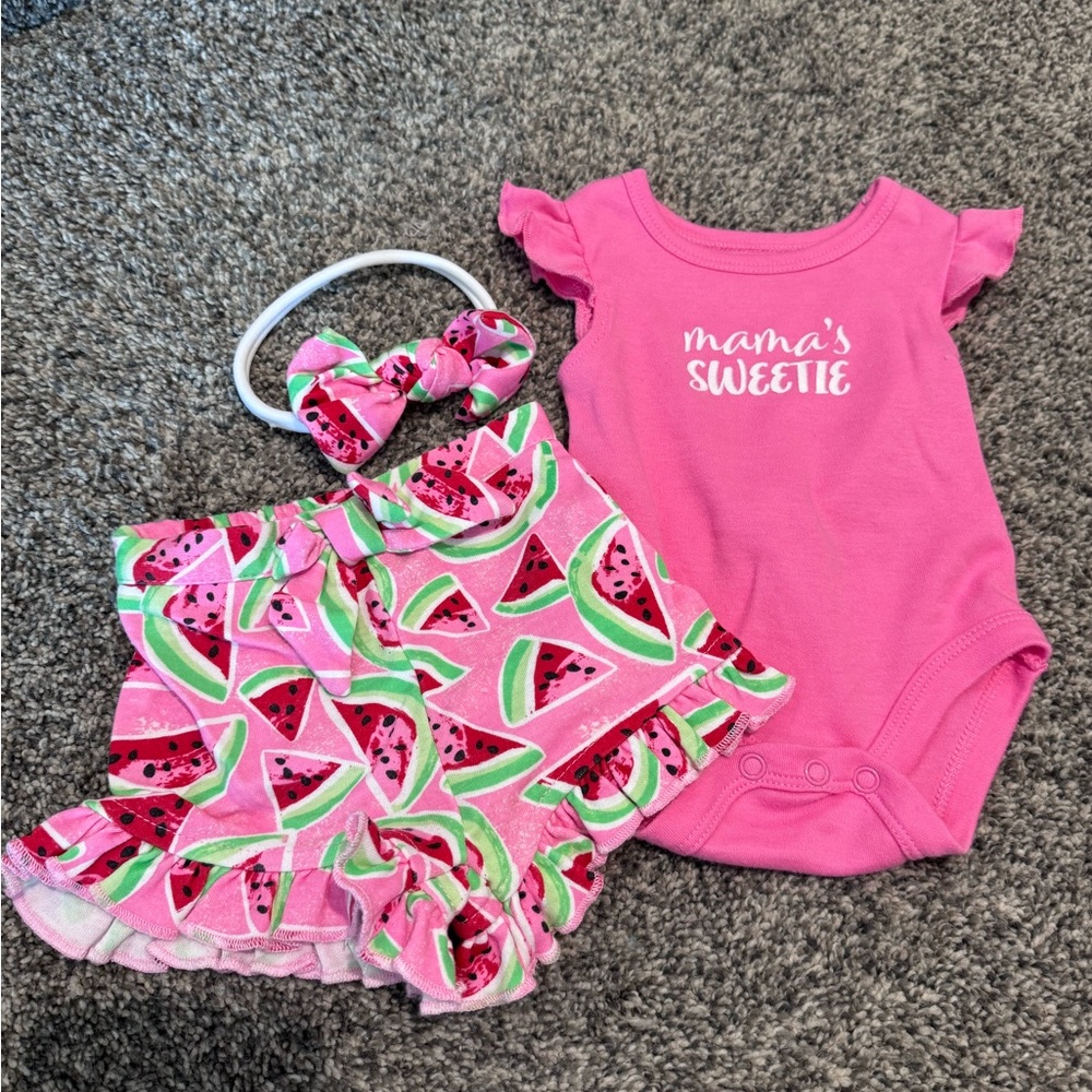 Pink Watermelon Print Baby Outfit Set